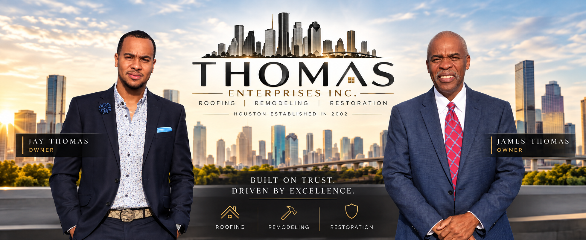 Jay Thomas and James Thomas, founders of Thomas Enterprises, against the Houston skyline